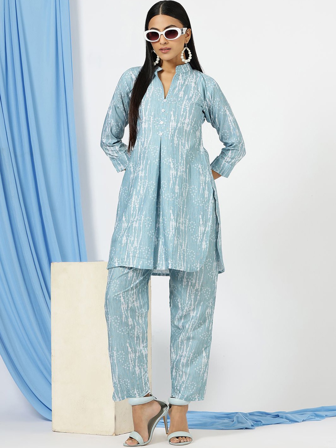 

Siya Fashion Abstract Printed Mandarin Collar Tunic With Trousers, Blue