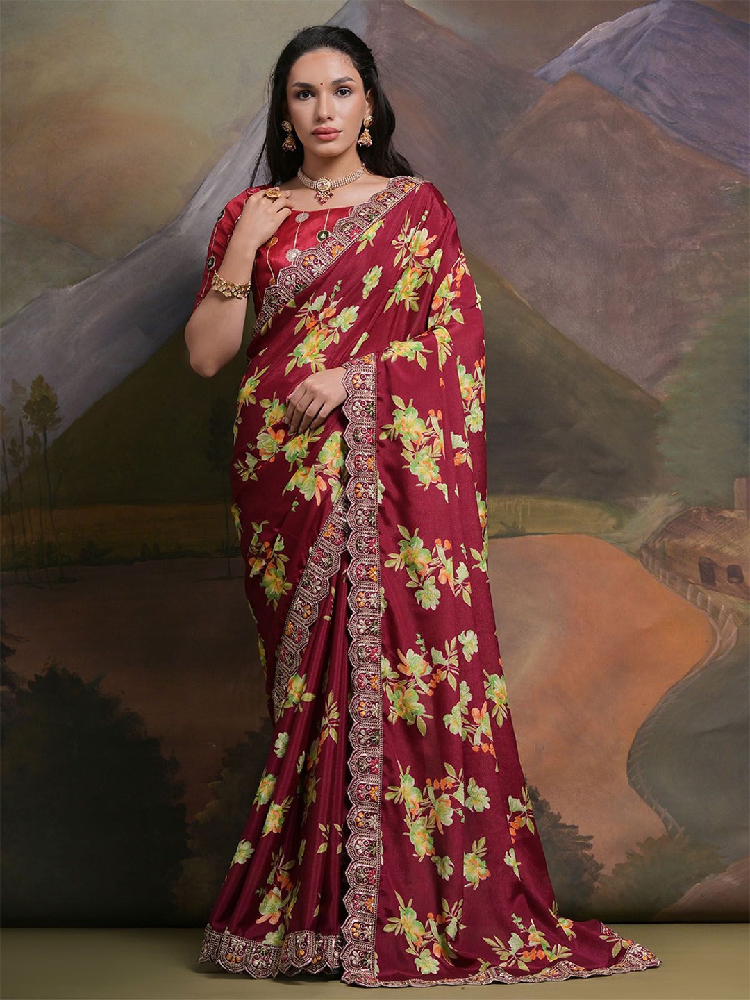 

ODETTE Floral Embroidered Saree, Maroon