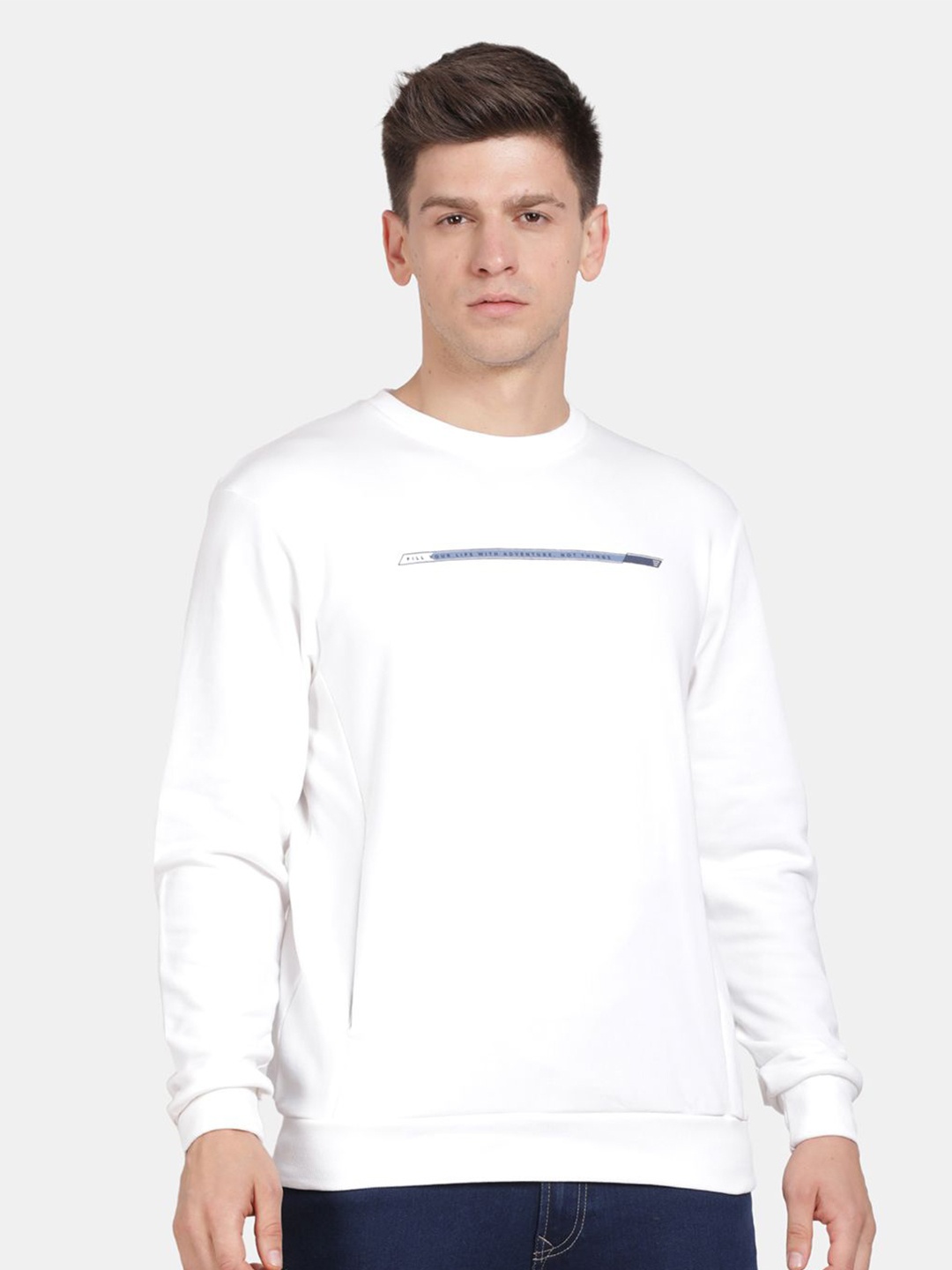 

t-base Men Typography Printed Sweatshirt, White