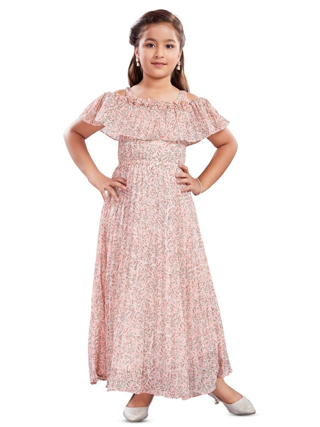 

Lei-Chie Print Off-Shoulder Cape Sleeve Georgette Fit & Flare Maxi Dress, Pink