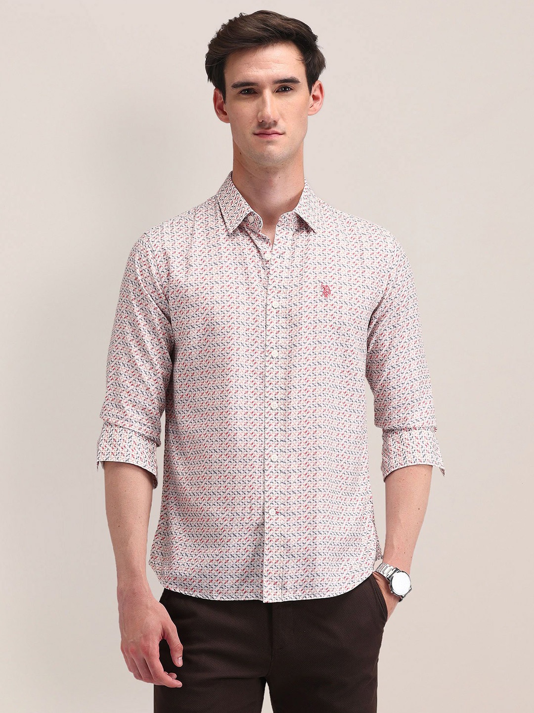 

U.S. Polo Assn. Men Modern Spread Collar Micro Ditsy Printed Cotton Slim Fit Casual Shirt, Peach