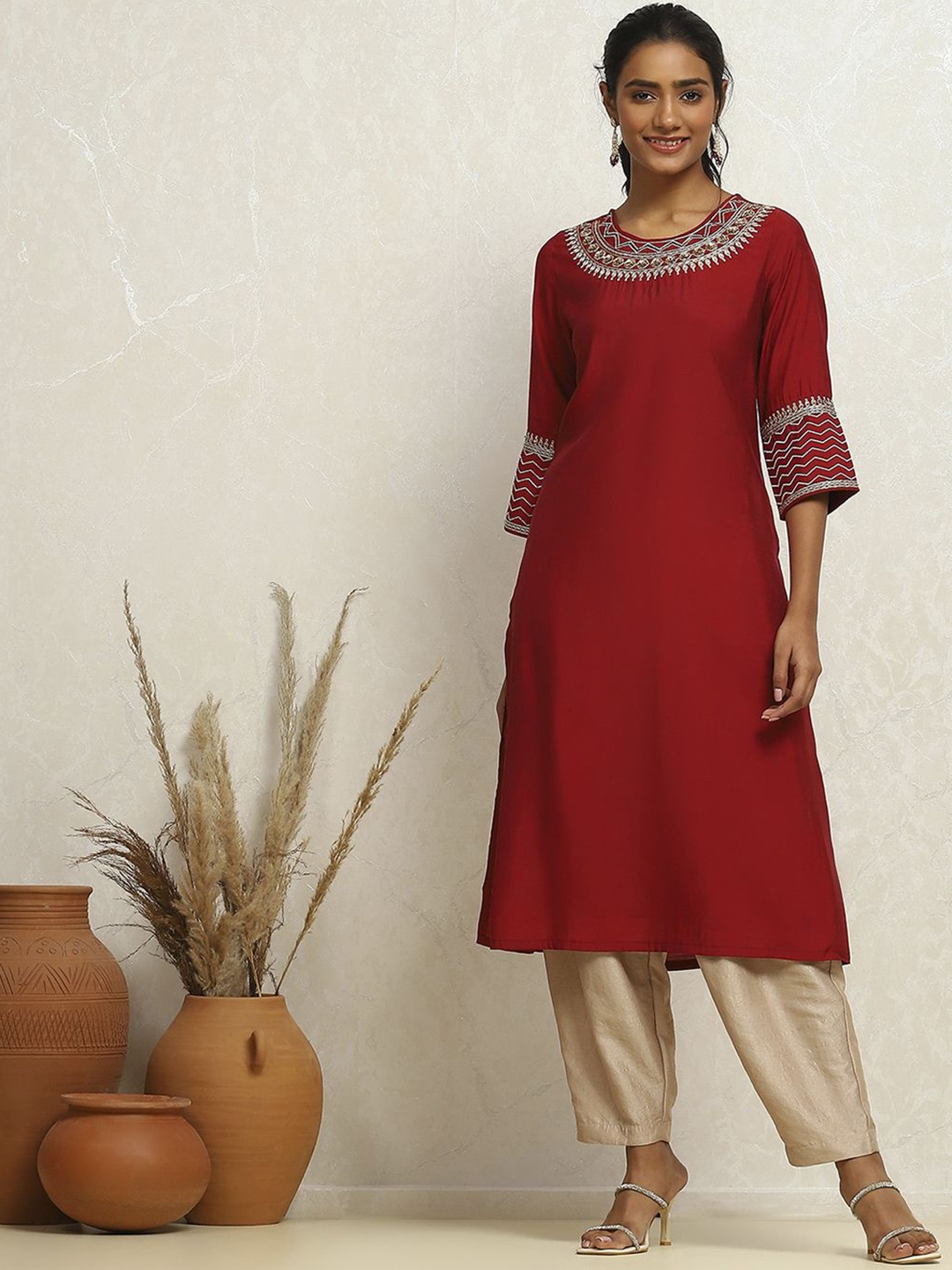 

Biba Floral Yoke Design Sequinned Straight Kurta, Maroon