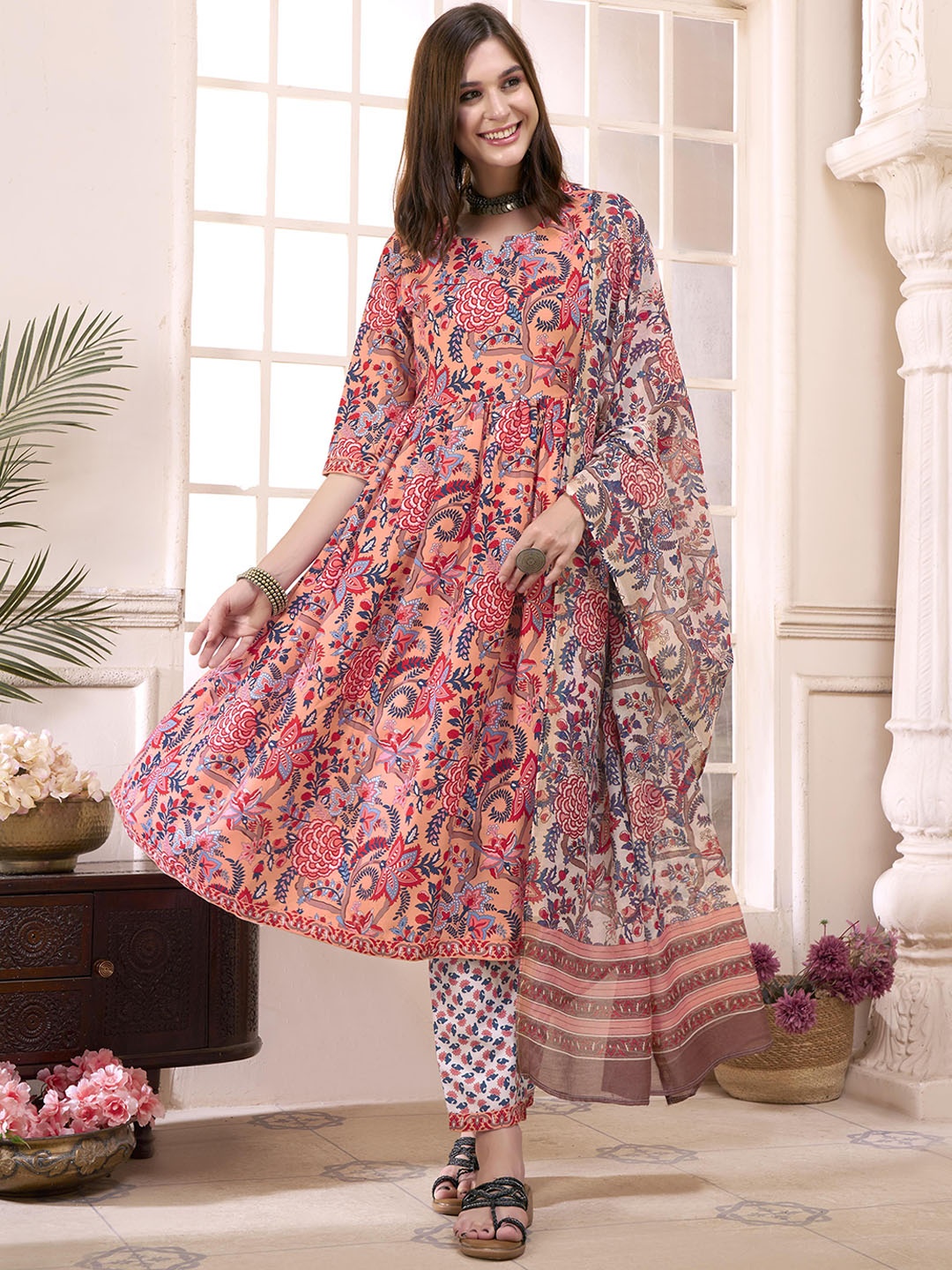 

Anouk Rustic Floral Printed Empire A-Line Kurta with Trousers & Dupatta, Peach