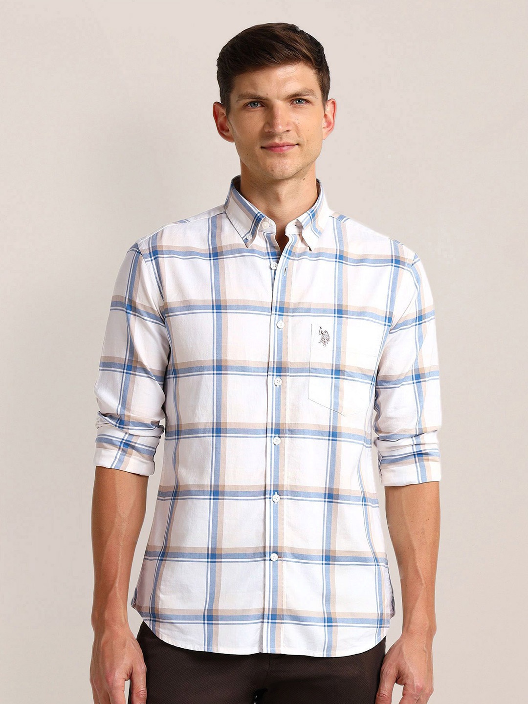 

U.S. Polo Assn. Men Modern Button-Down Collar Tartan Checked Cotton Slim Fit Casual Shirt, White