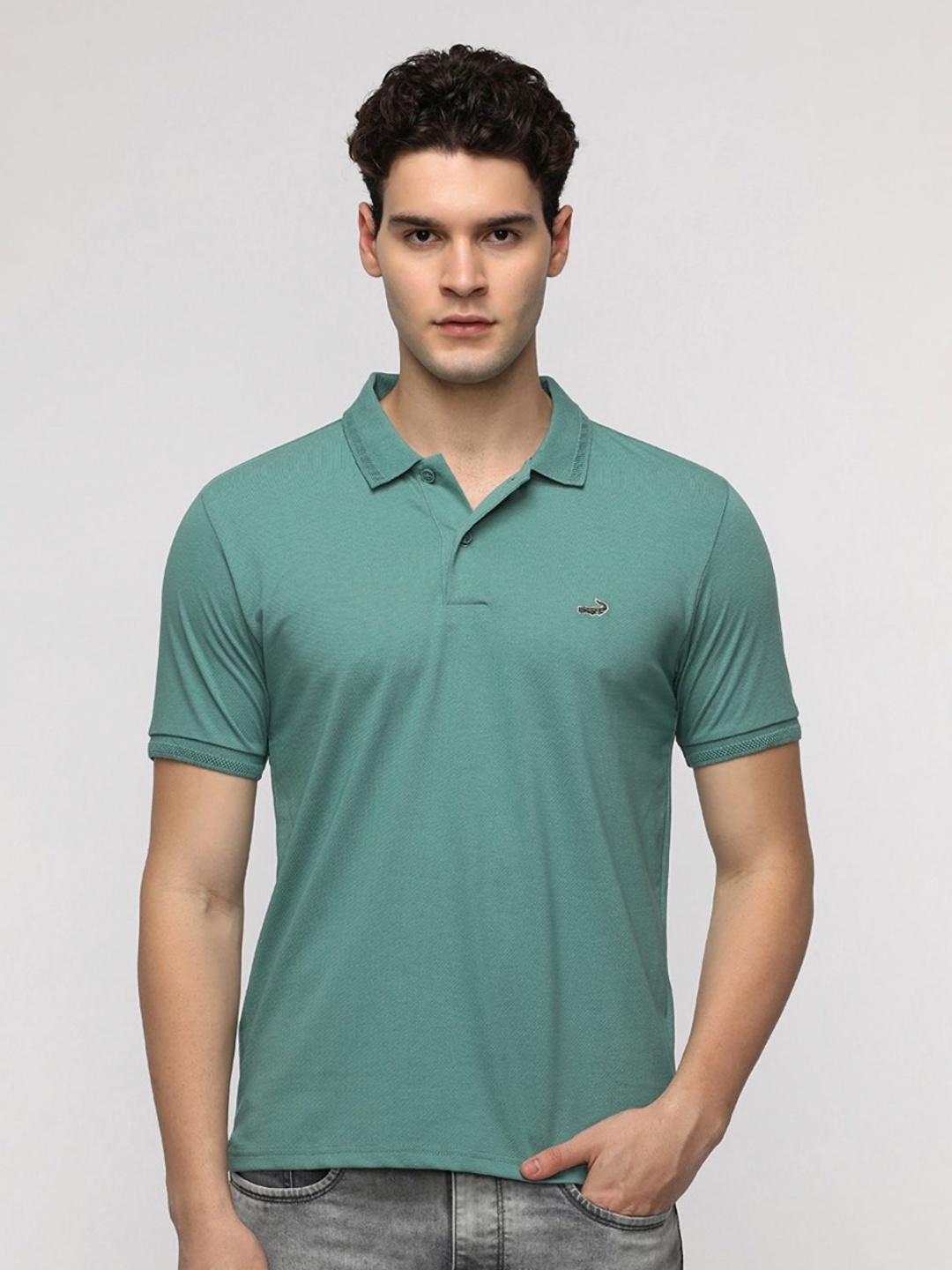 

Crocodile Men Solid Polo Collar Cotton Slim Fit T-Shirt, Sea green