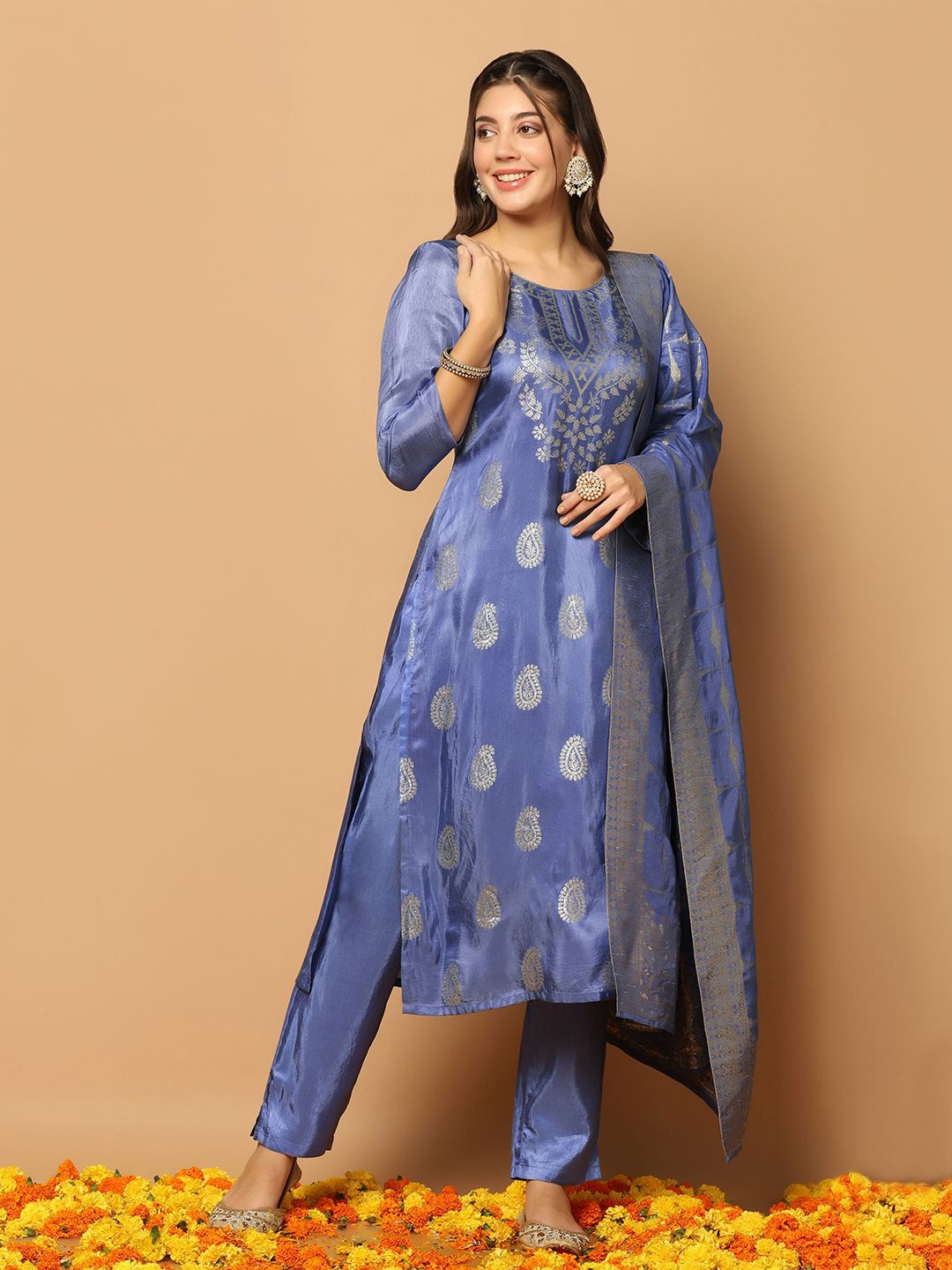 

BAESD Paisley Regular Kurta With Trousers & Dupatta, Blue