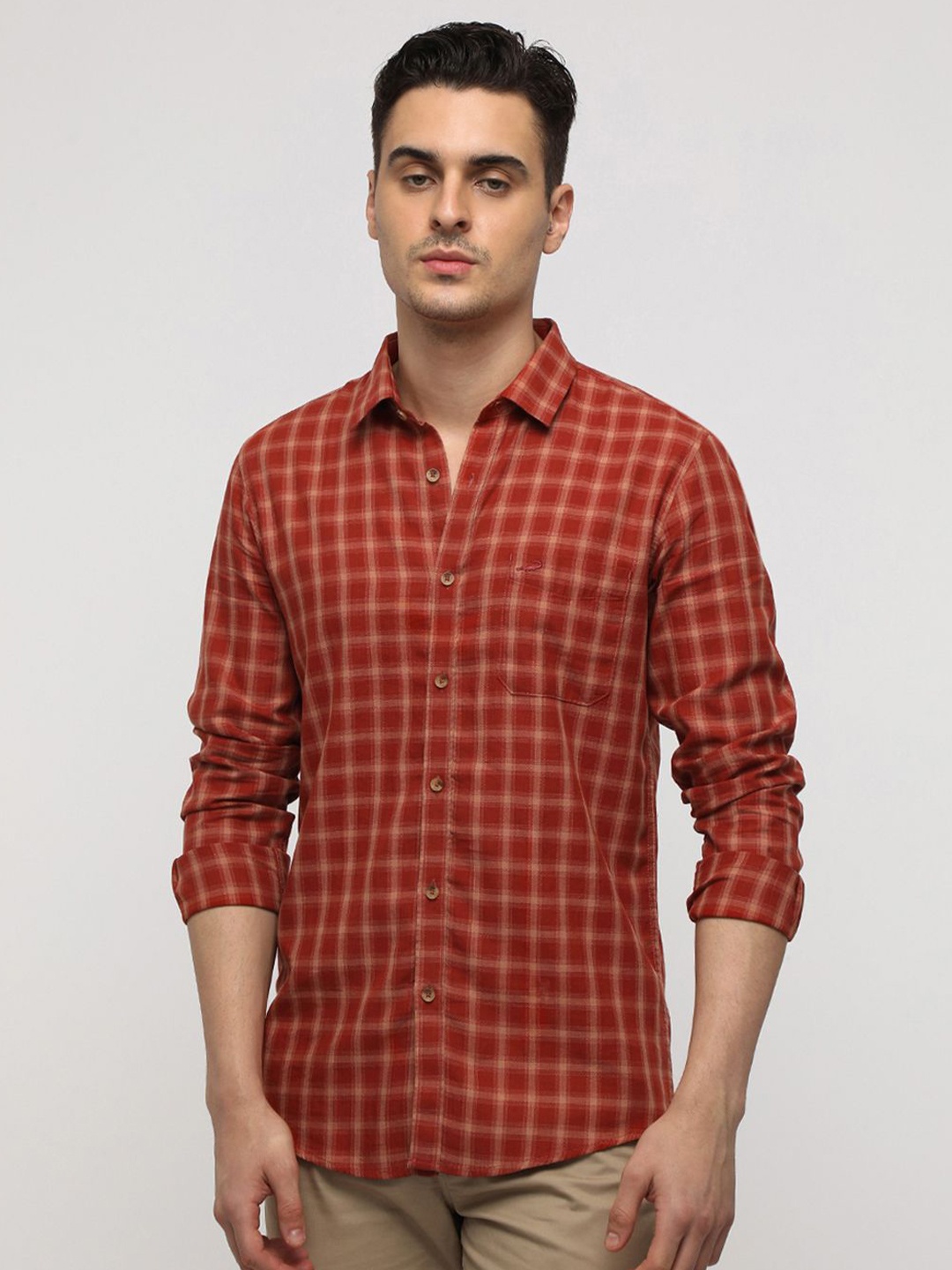 

Crocodile Men India Slim Spread Collar Tartan Checked Cotton Casual Shirt, Red