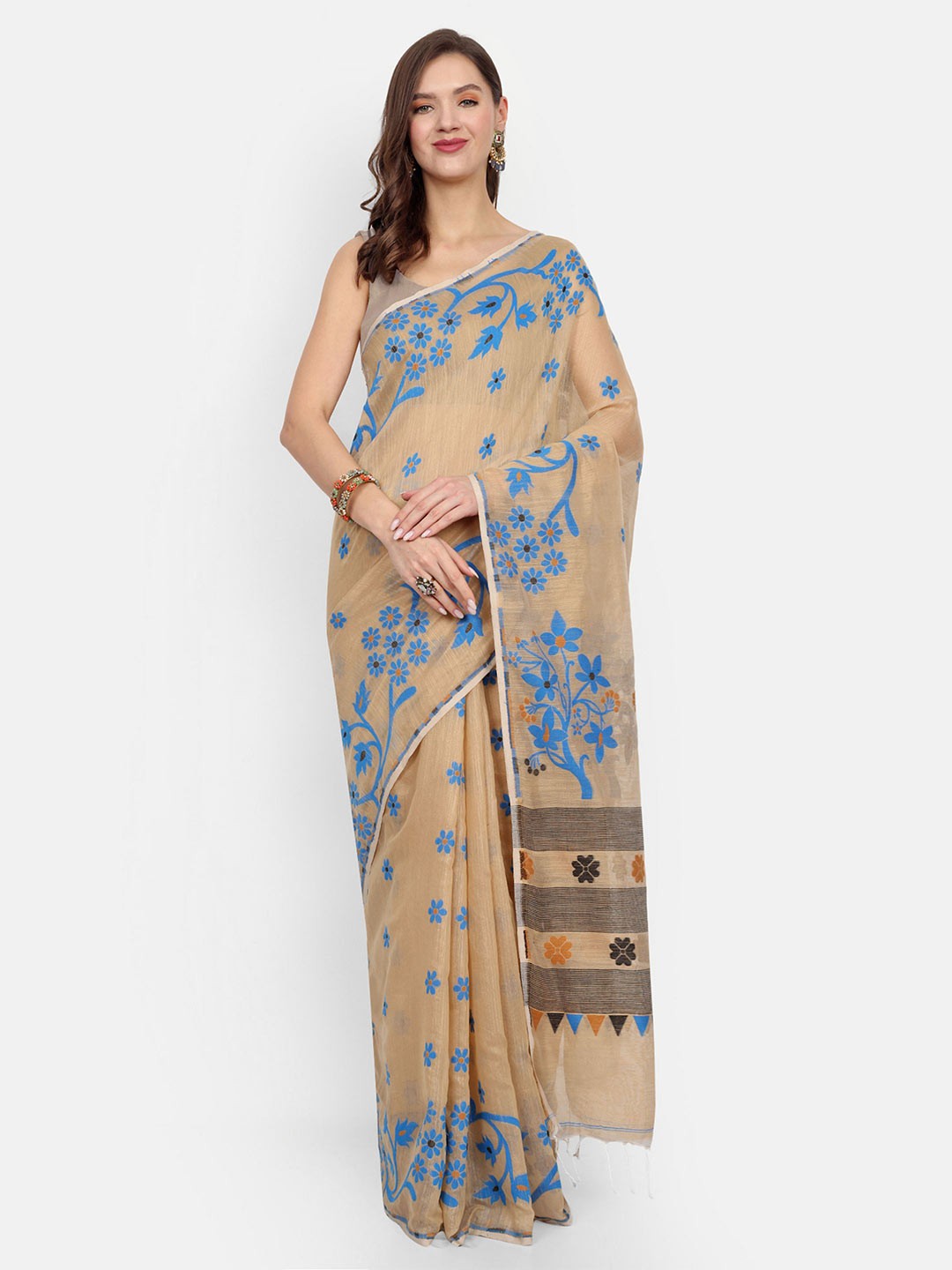 

BENGAL HANDLOOM Woven Design Zari Taant Saree, Beige