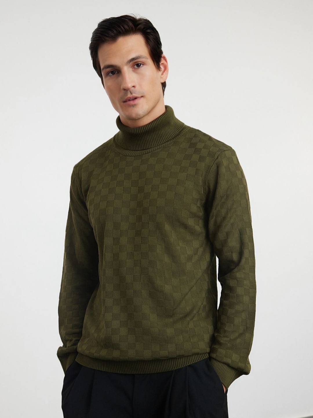 

Trendyol Men Self Design High Neck Acrylic T-Shirt, Olive