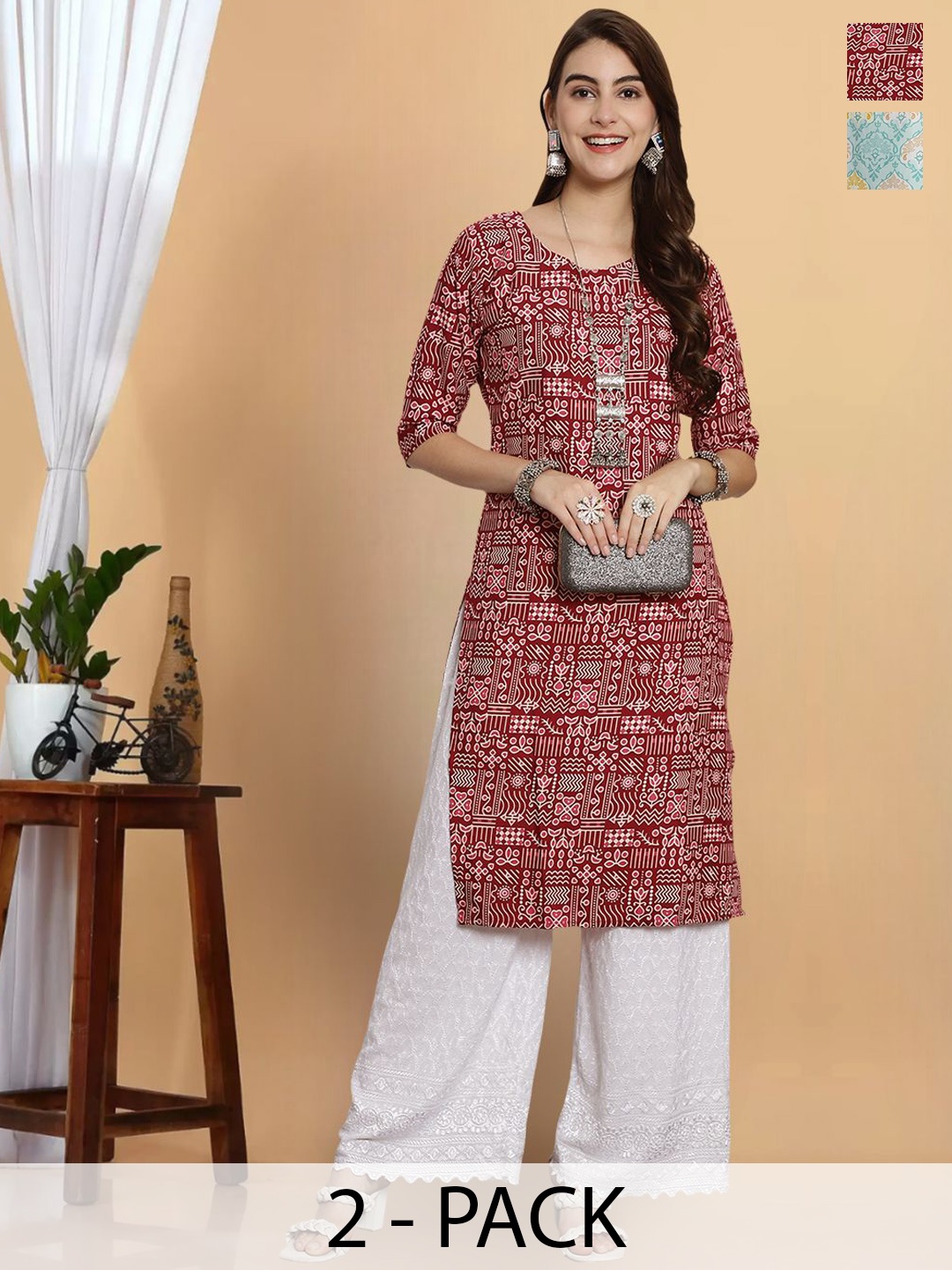

7Threads Pack Of 2 Floral Printed Round Neck Straight Kurta, Maroon