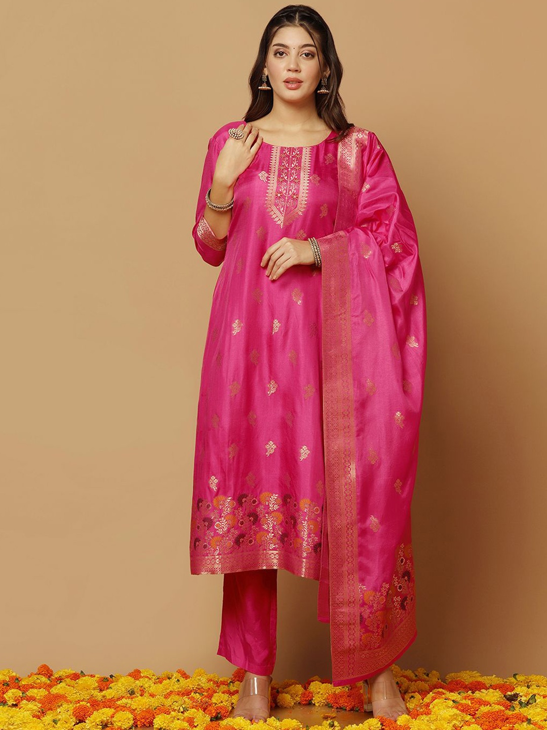 

BAESD Floral Woven Design Regular Zari Jacquard Straight Kurta with Trousers & Dupatta, Pink