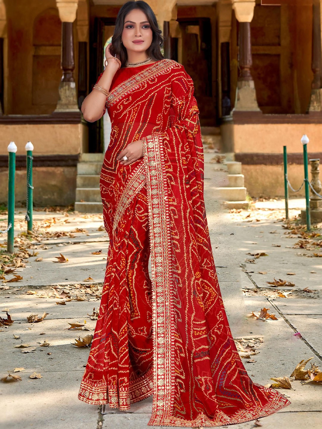 

Mitera Bandhani Gotta Patti Pure Georgette Bandhani Saree, Red