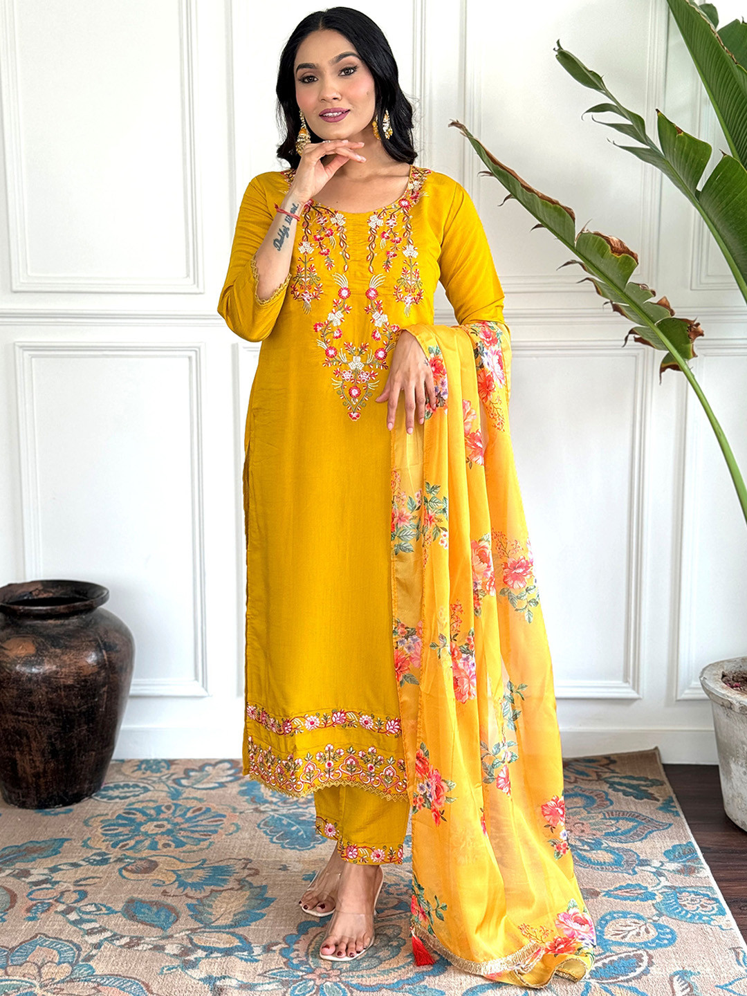 

KALINI Floral Embroidered Chanderi Silk Straight Kurta With Trousers & Dupatta, Mustard