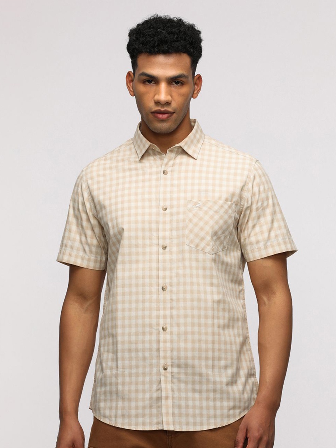 

Crocodile Comfort Checked Spread Collar Pure Cotton Shirt, Beige