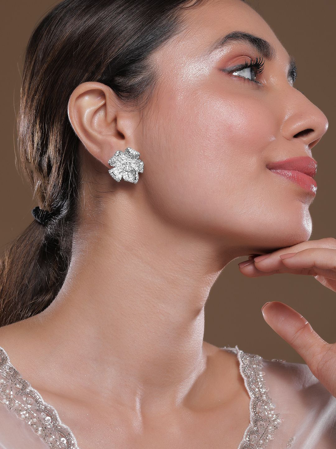 

Rubans Rhodium-Plated White AD & Cubic Zirconia Studded Oversized Floral Stud Earrings, Silver