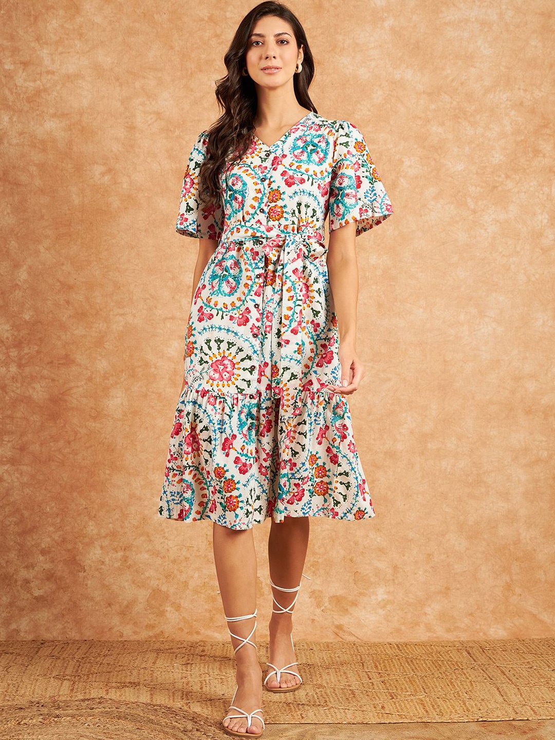 

Modeve Women's Floral Print Flared Sleeve A-Line Midi Dress, White