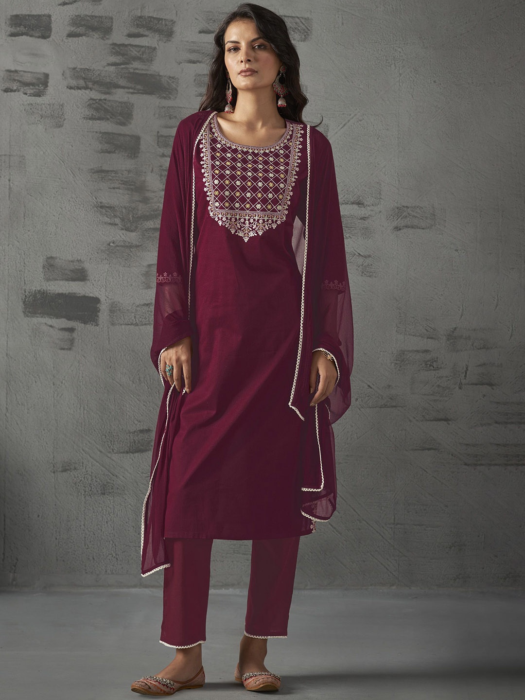 

Anouk Maroon Floral Embroidered Round Neck Cotton Straight Kurta with Trousers & Dupatta