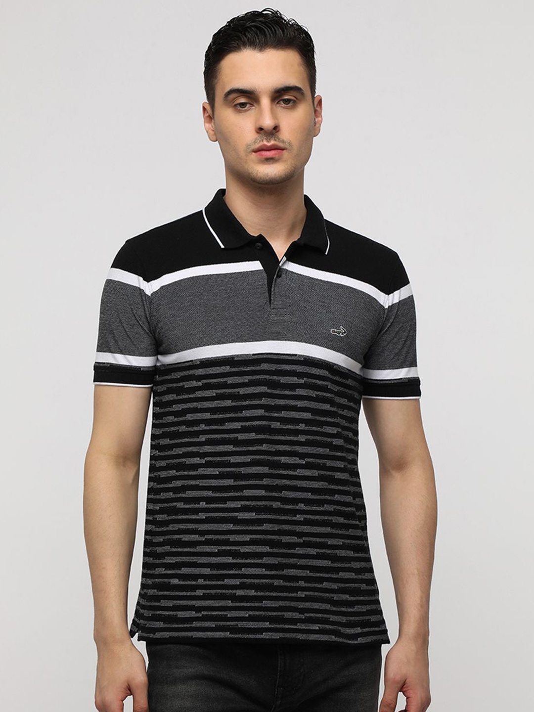 

Crocodile Engineered Striped Polo Collar Slim Fit T-shirt, Black