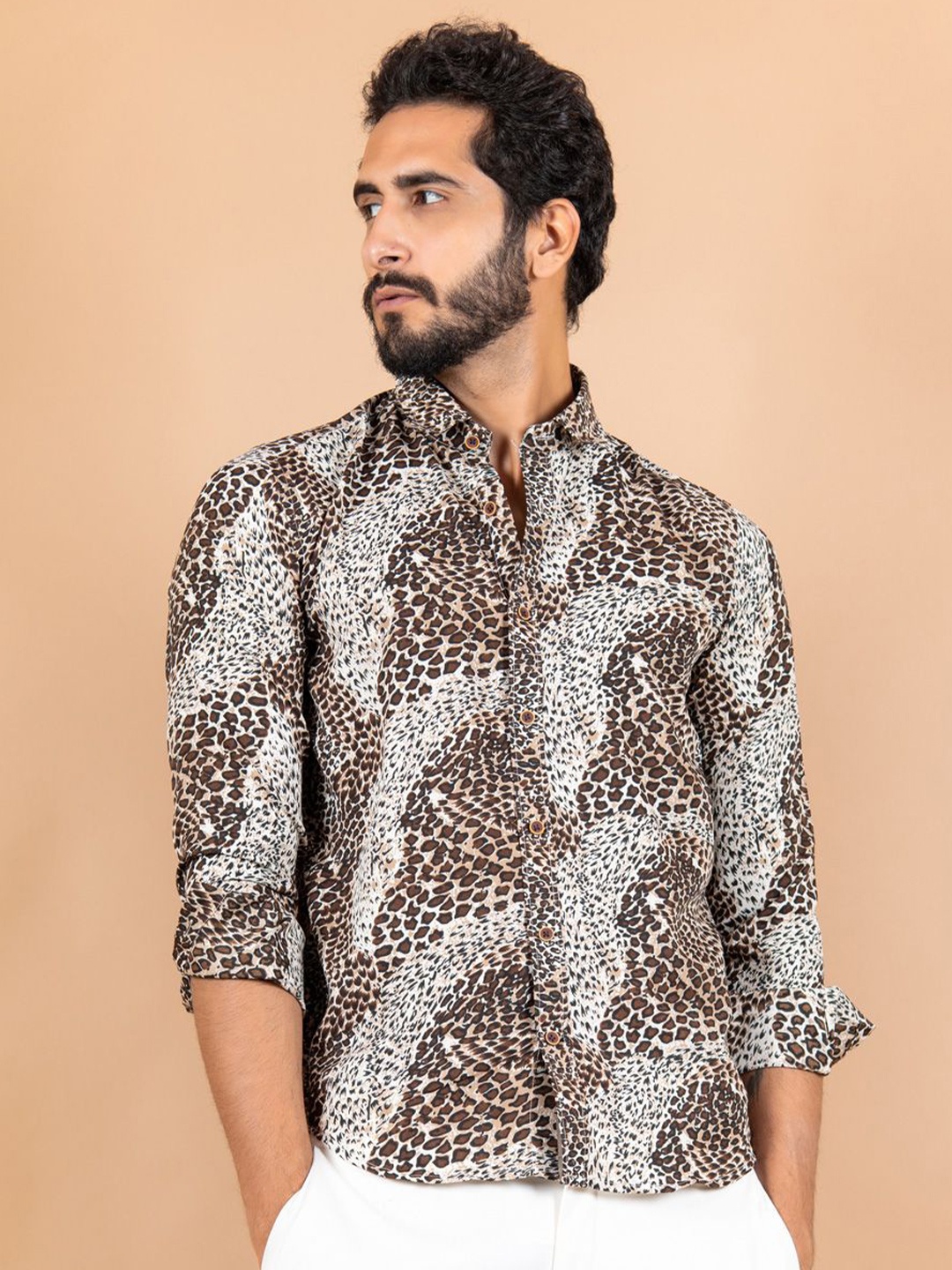 

Tistabene Men Standard Spread Collar Animal Printed Crepe Casual Shirt, Brown