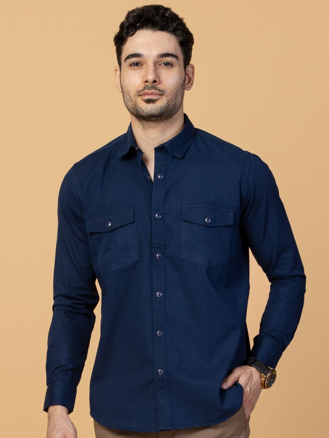 

USMC Men Smart Spread Collar Solid Cotton Slim Fit Casual Shirt, Blue