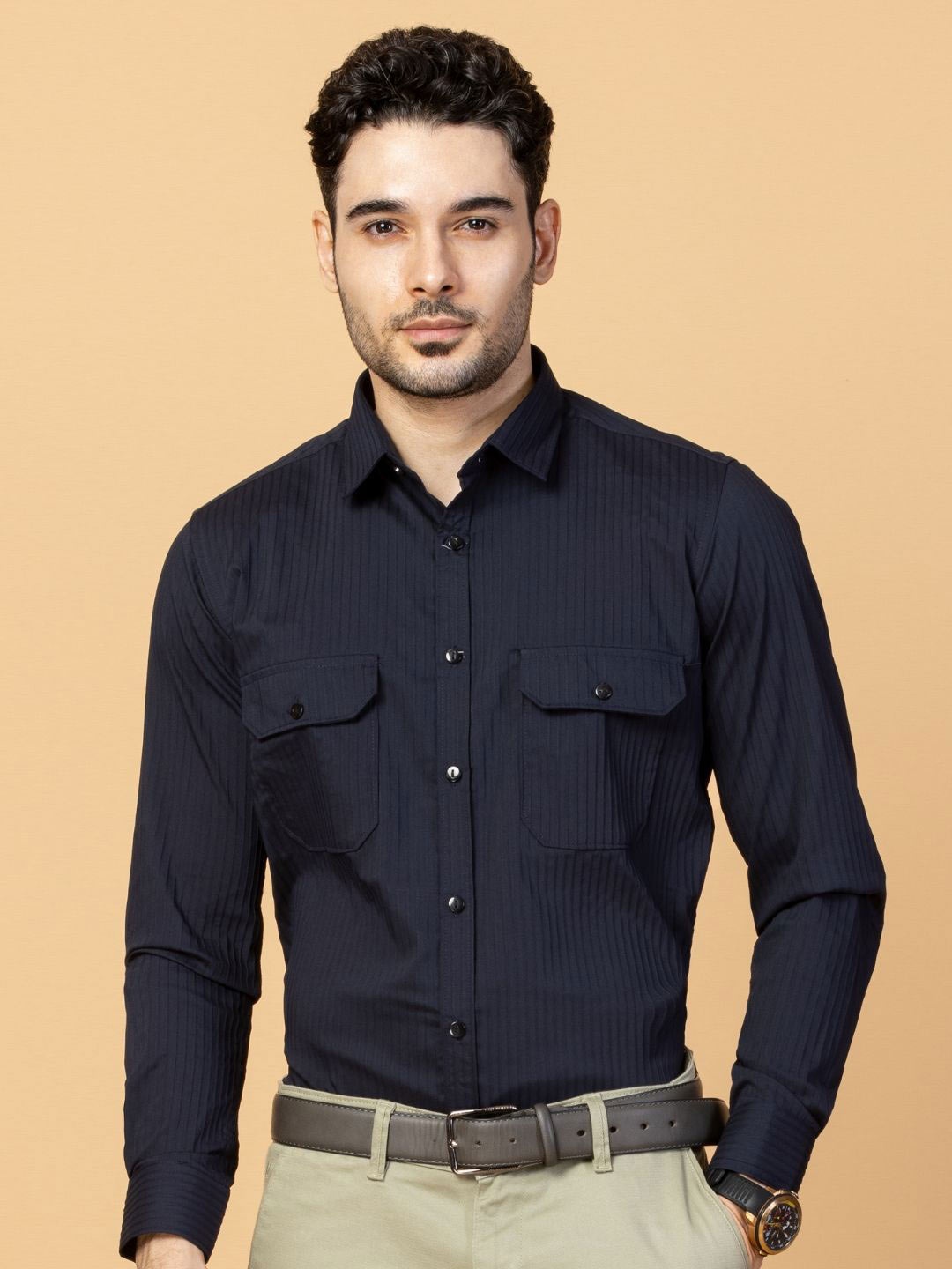 

USMC Men Smart Slim Fit Opaque Casual Shirt, Blue