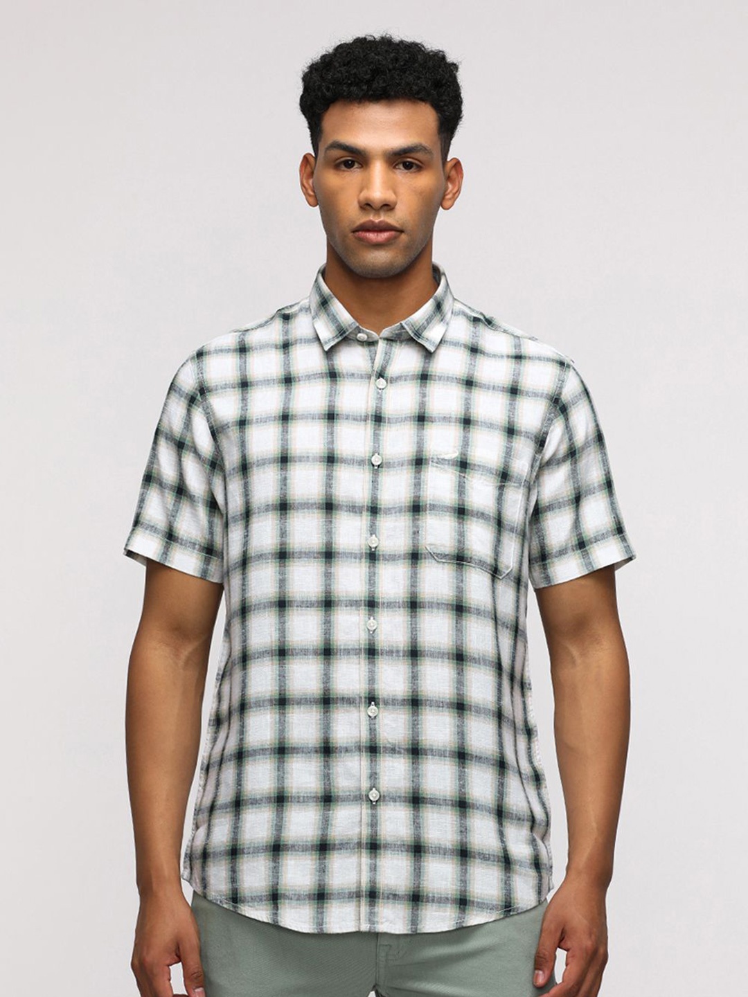 

Crocodile Men Comfort Spread Collar Windowpane Checked Lyocell Casual Shirt, Green