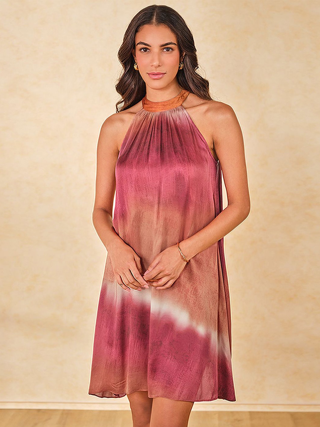 

AND Tie and Dye Dyed Halter Neck A-Line Dress, Orange