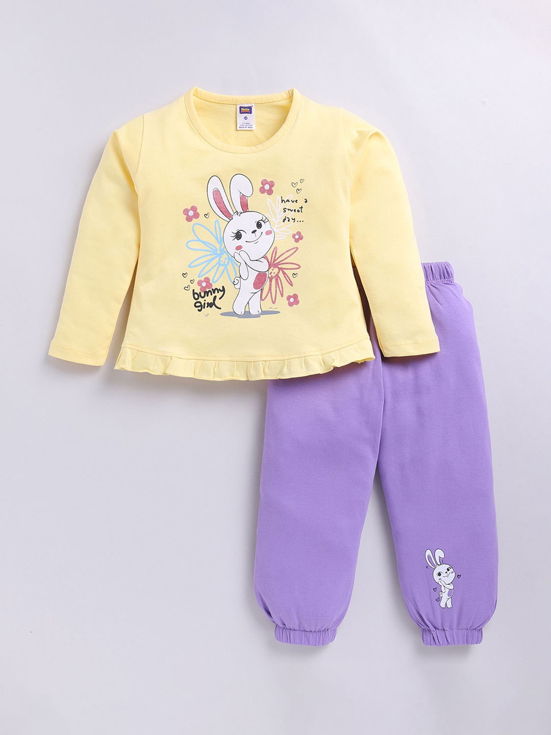 

Nottie Planet Girls Rabbit Printed Pure Cotton T-shirt with Joggers, Yellow