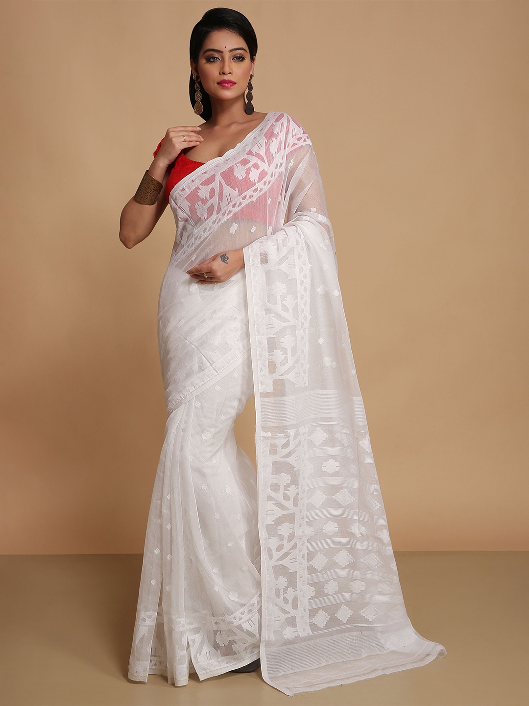 

BENGAL HANDLOOM Woven Design Jamdani Saree, White