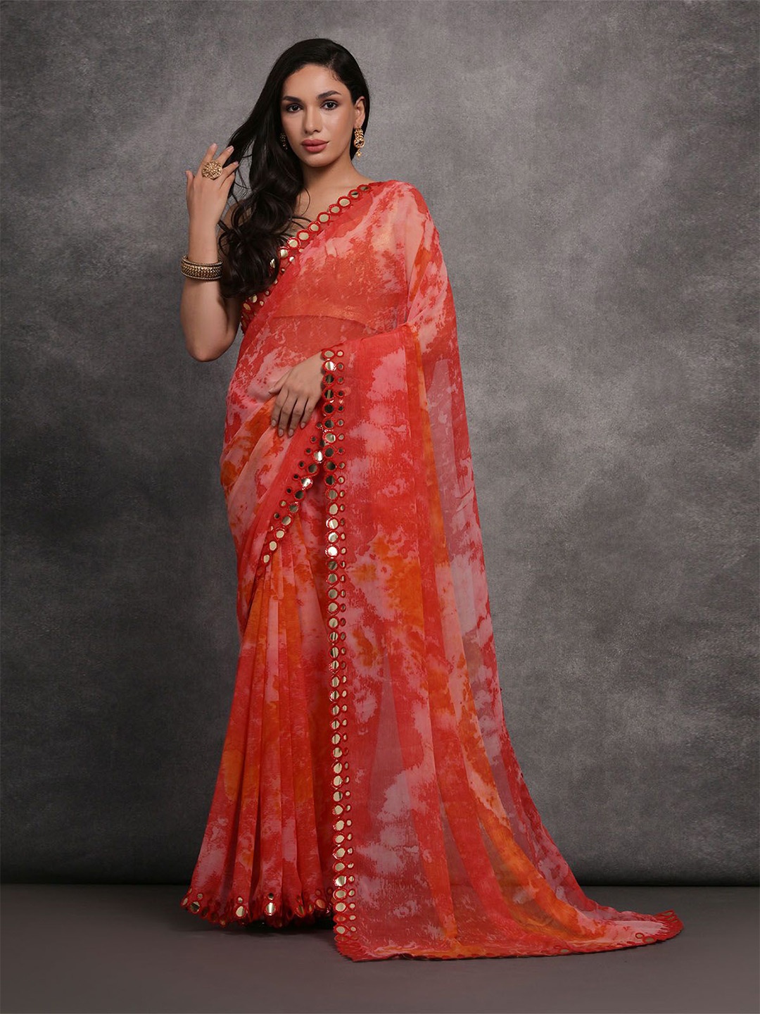 

ODETTE Mirror Work Poly Georgette Saree, Coral