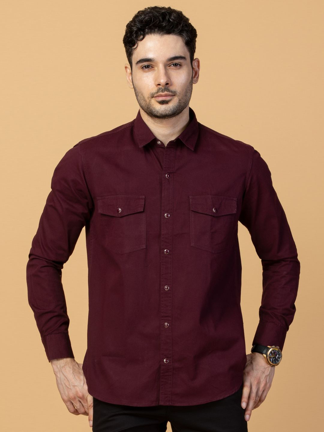 

USMC Men Smart Spread Collar Solid Cotton Slim Fit Casual Shirt, Maroon
