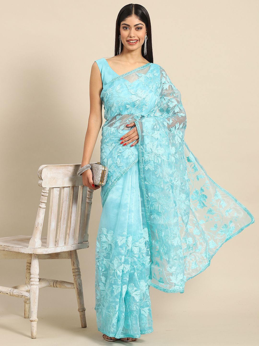 

KALINI Floral Embroidered designer Saree, Turquoise blue