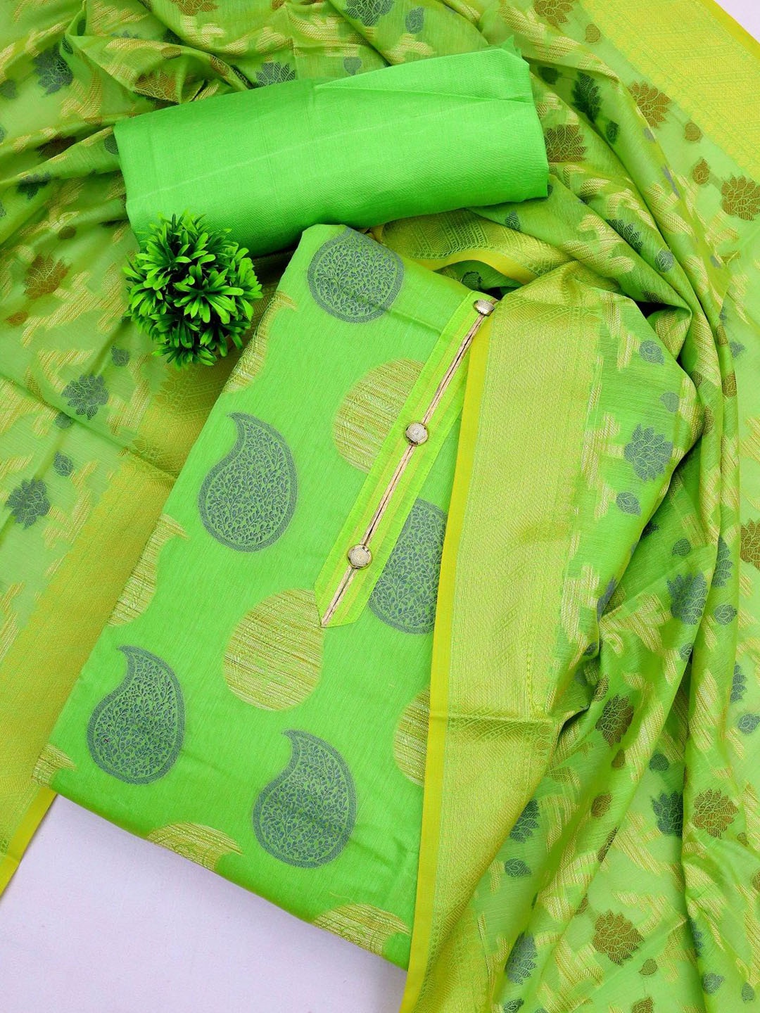 

APNISHA Ethnic Motifs Printed Pure Silk Unstitched Dress Material, Sea green