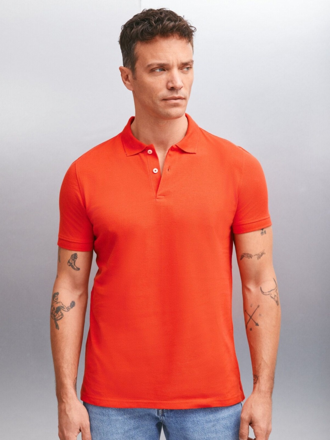 

GRIMELANGE Men Solid Polo Collar Cotton T-Shirt, Orange