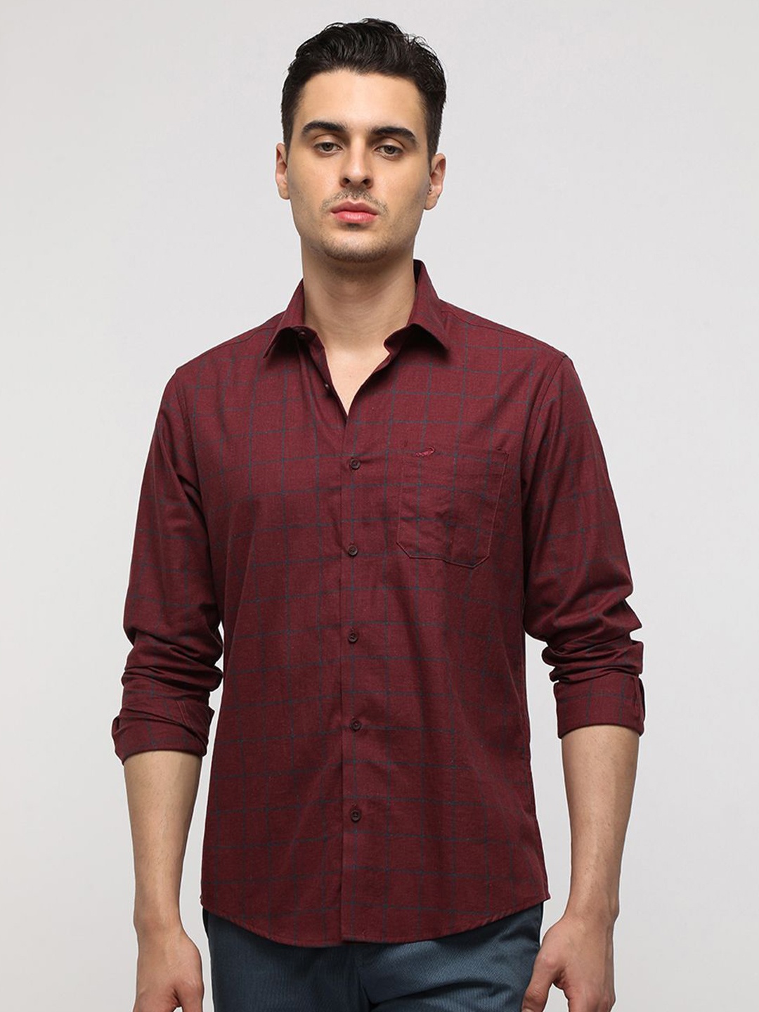

Crocodile Men Comfort Spread Collar Tartan Checked Cotton Casual Shirt, Red