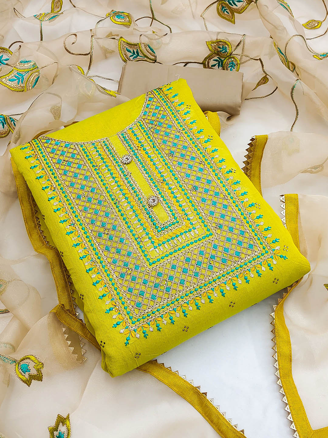 

Ishin Floral Embroidered Thread Work Unstitched Dress Material, Lime green