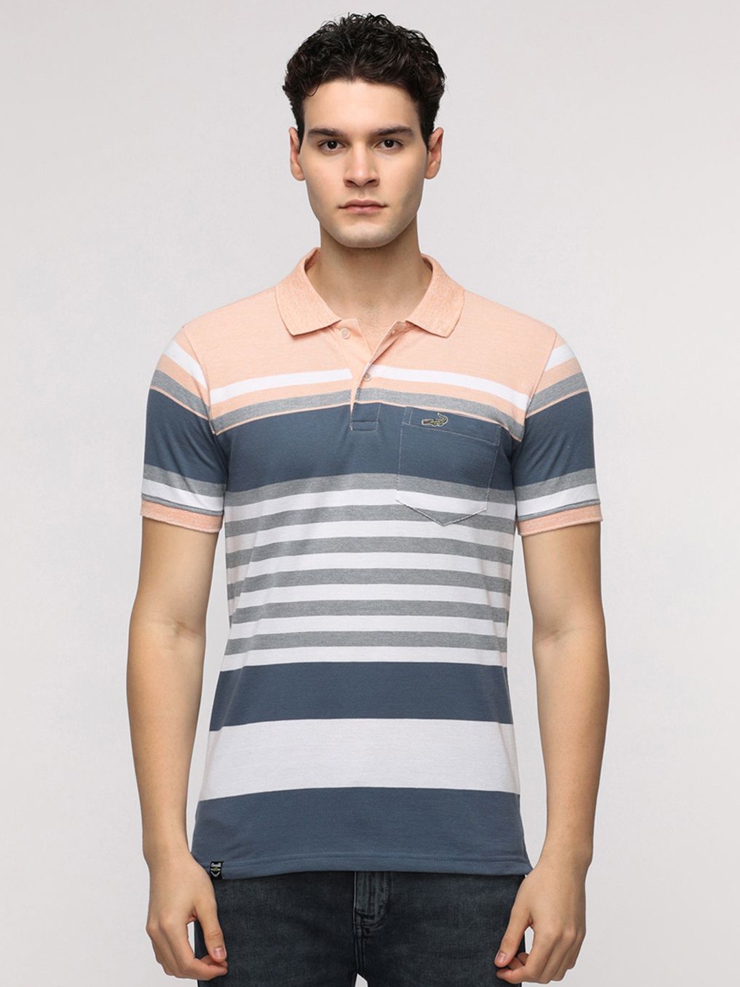 

Crocodile Men Striped Polo Collar Cotton Slim Fit T-Shirt, White