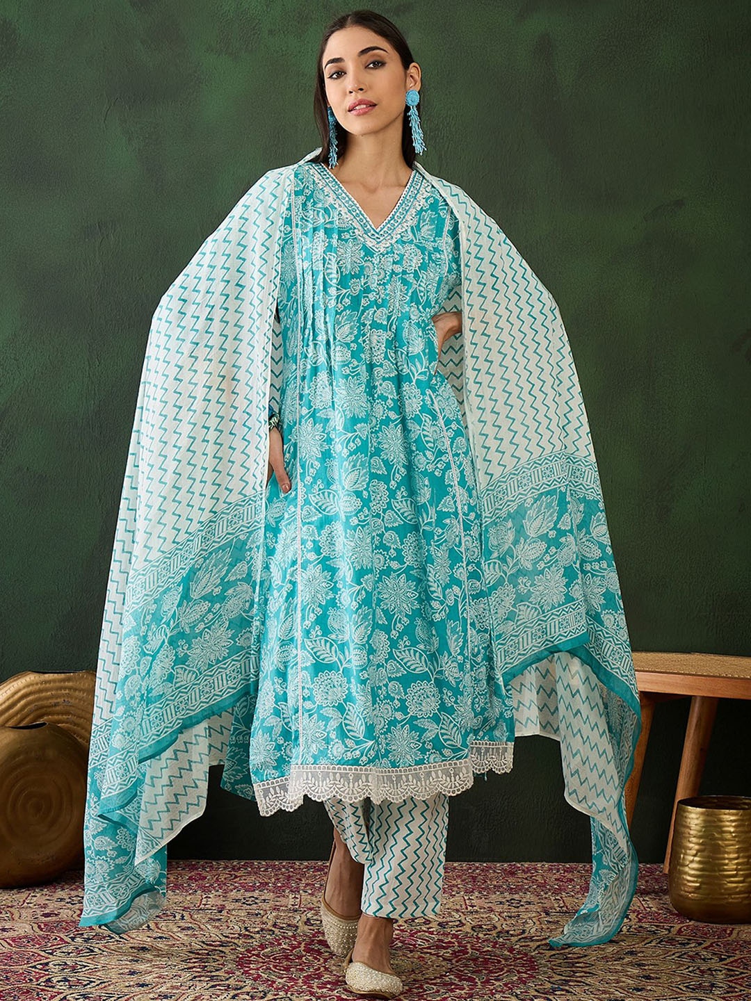 

Sangria Floral Yoke Design Pleated Thread Work Pure Cotton Kurta with Trousers & Dupatta, Blue