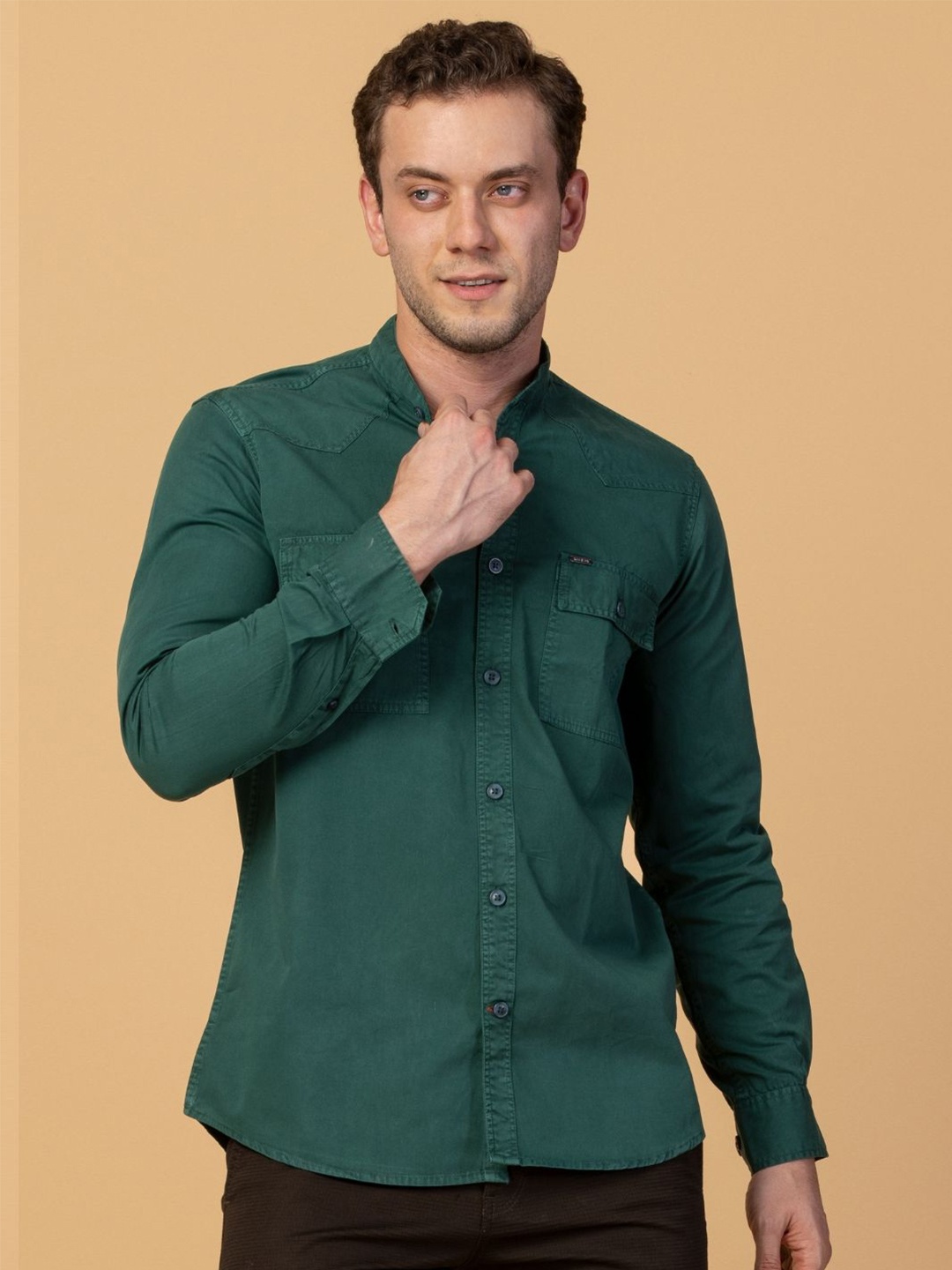 

USMC Men Smart Band Collar Solid Cotton Slim Fit Casual Shirt, Green