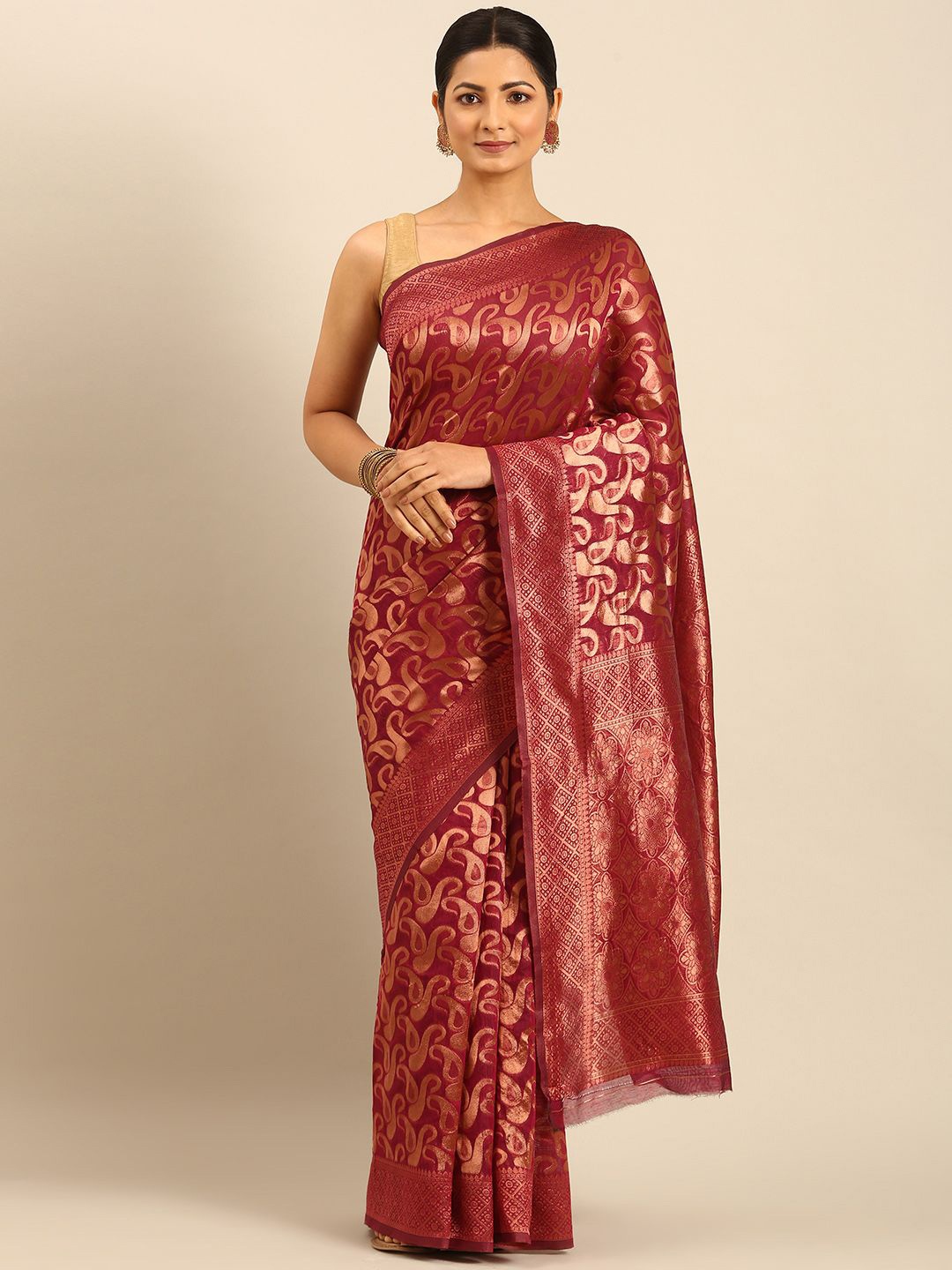 

Fashion Petals Women Woven Design Paisley Printed Saree, Maroon