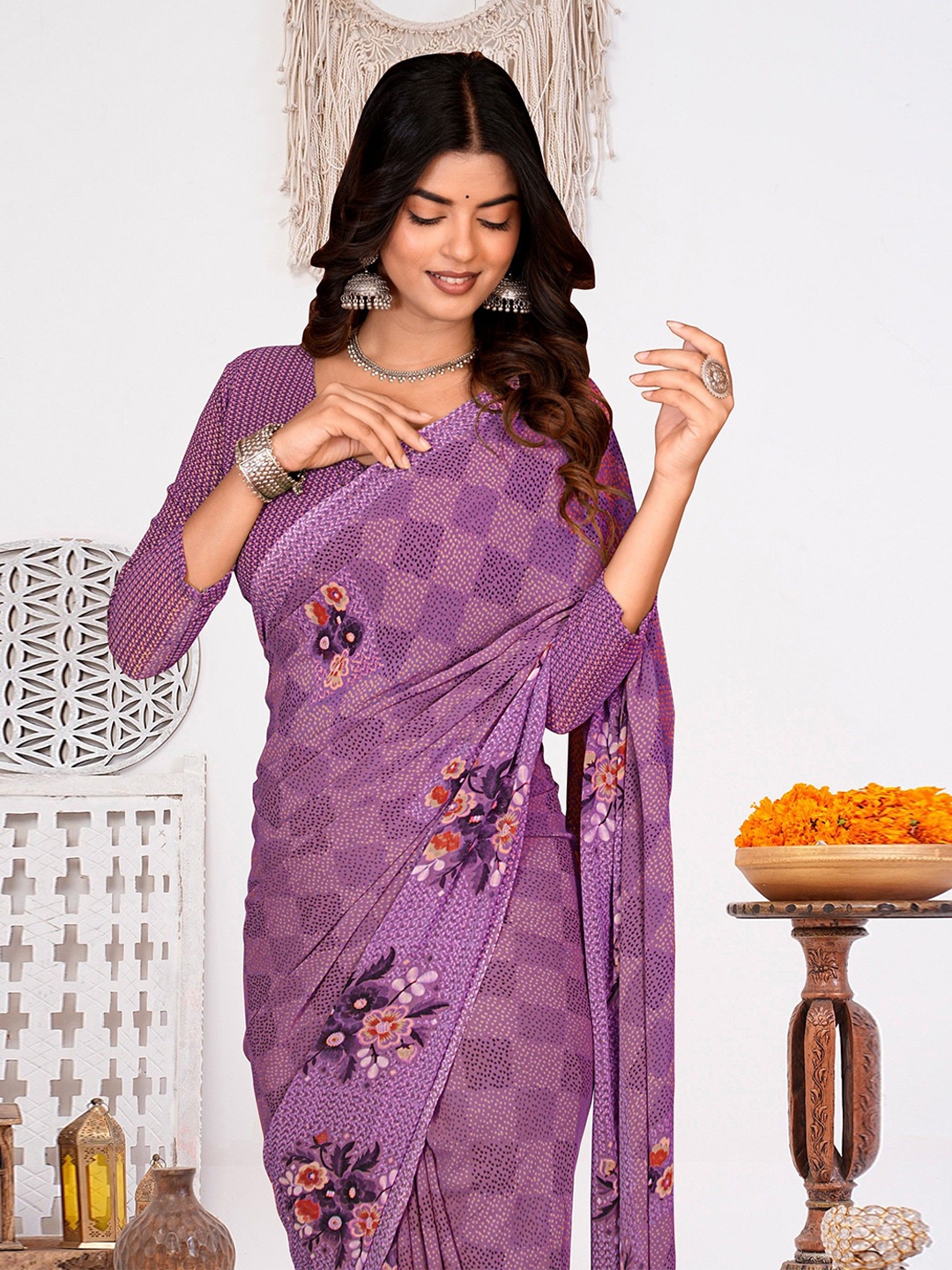 

EMV Floral Pure Chiffon Saree, Lavender