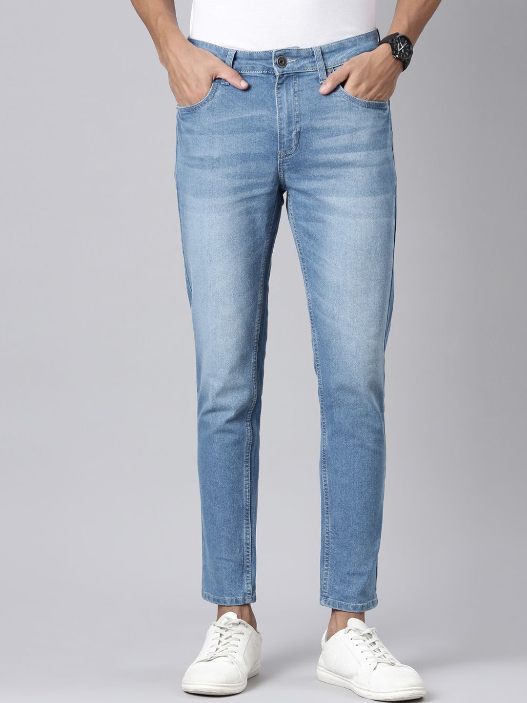 

Mast & Harbour Men Tapered Fit Mid-Rise Heavy Fade Stretchable Jeans, Blue