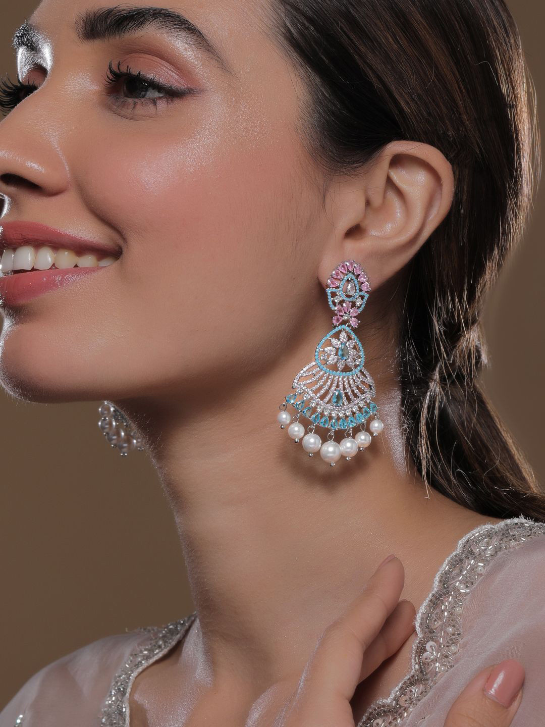 

Rubans Rhodium-Plated Turquoise AD & Cubic Zirconia Studded Pearl Drop Chandbali, Silver