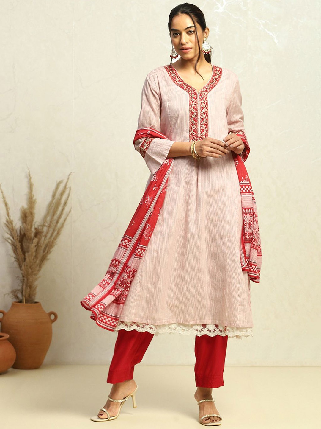 

Biba Striped Thread Work Pure Cotton Straight Kurta With Trouser & Dupatta, White