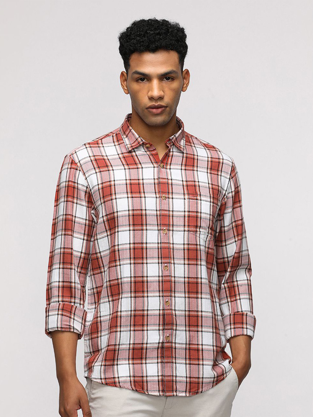 

Crocodile Men Comfort Spread Collar Tartan Checked Cotton Casual Shirt, Orange