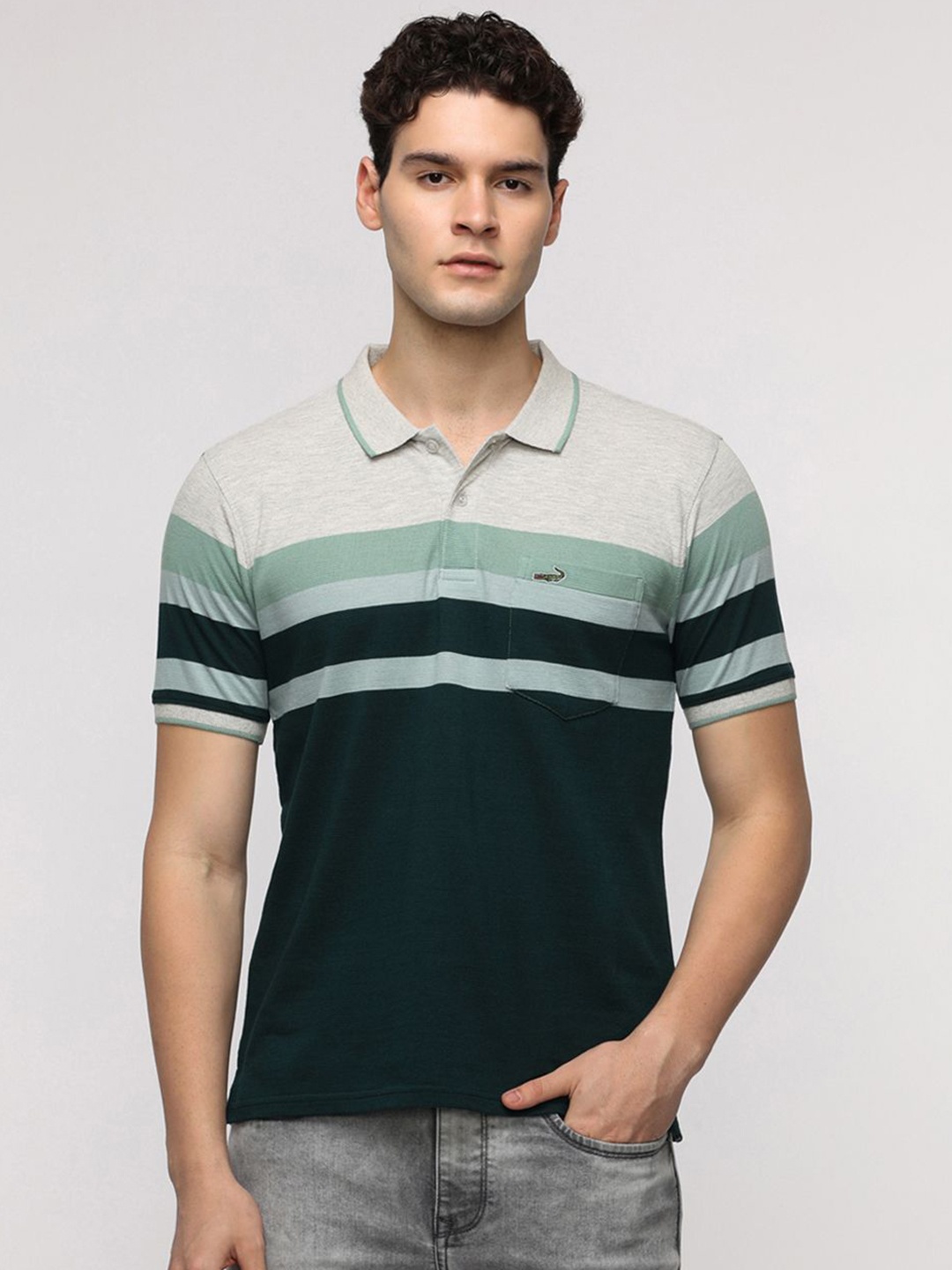 

Crocodile Men Striped Polo Collar Cotton Slim Fit T-shirt, Green