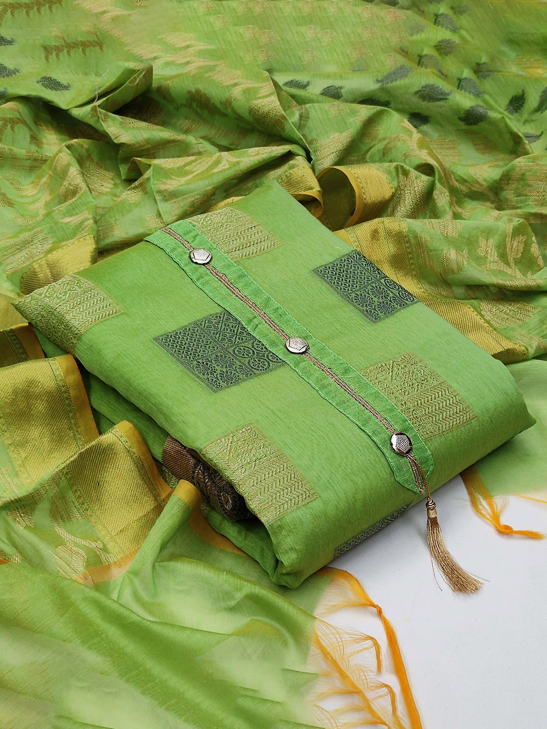 

Ishin Ethnic Motifs Woven Design Zari Unstitched Dress Material, Green
