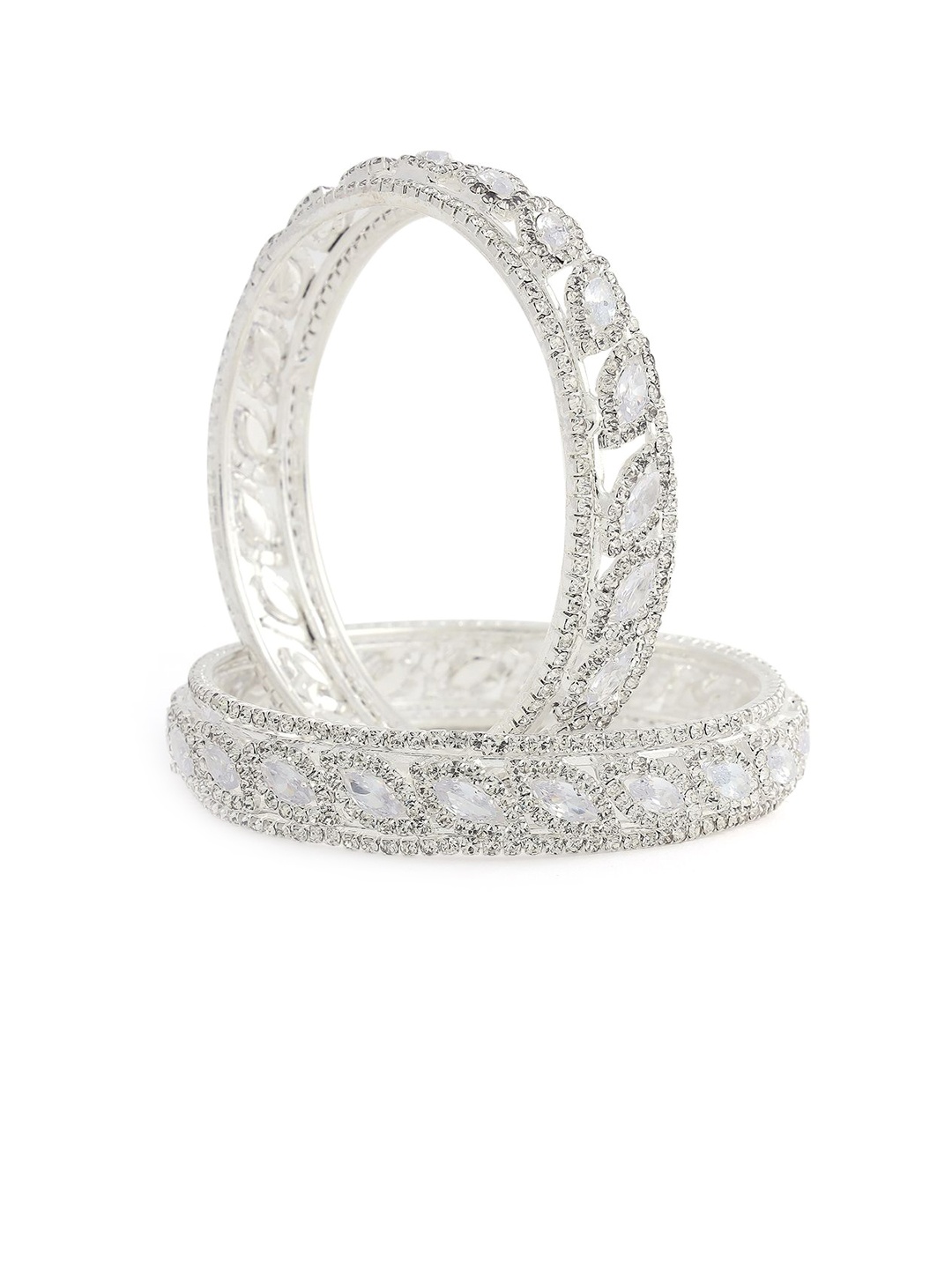 

LAVAZZA Set of 2 Leaf Cut American Diamond & Cubic Zirconia Studded Bangles, Silver