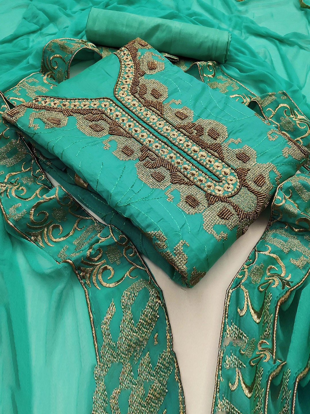 

Ishin Embroidered Beads and Stones Unstitched Dress Material, Sea green