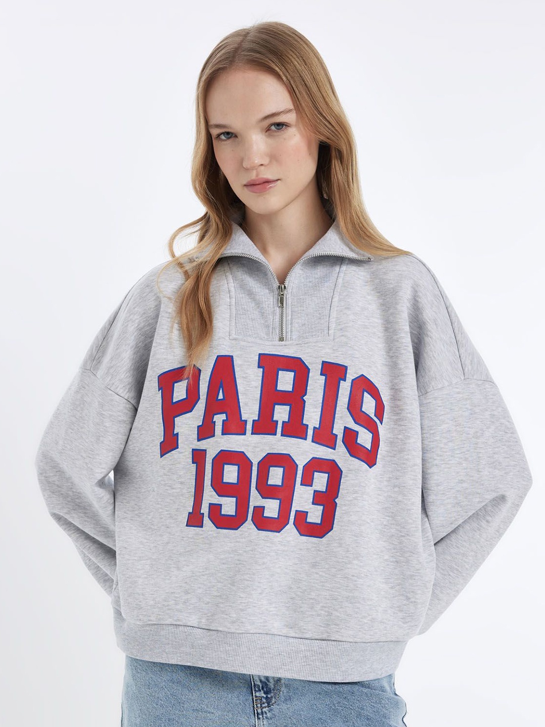 

DeFacto Women Typography Printed Pullover, Grey